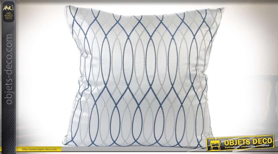 Série de 4 coussins blanc brillant à motifs en ondulations grises et bleues