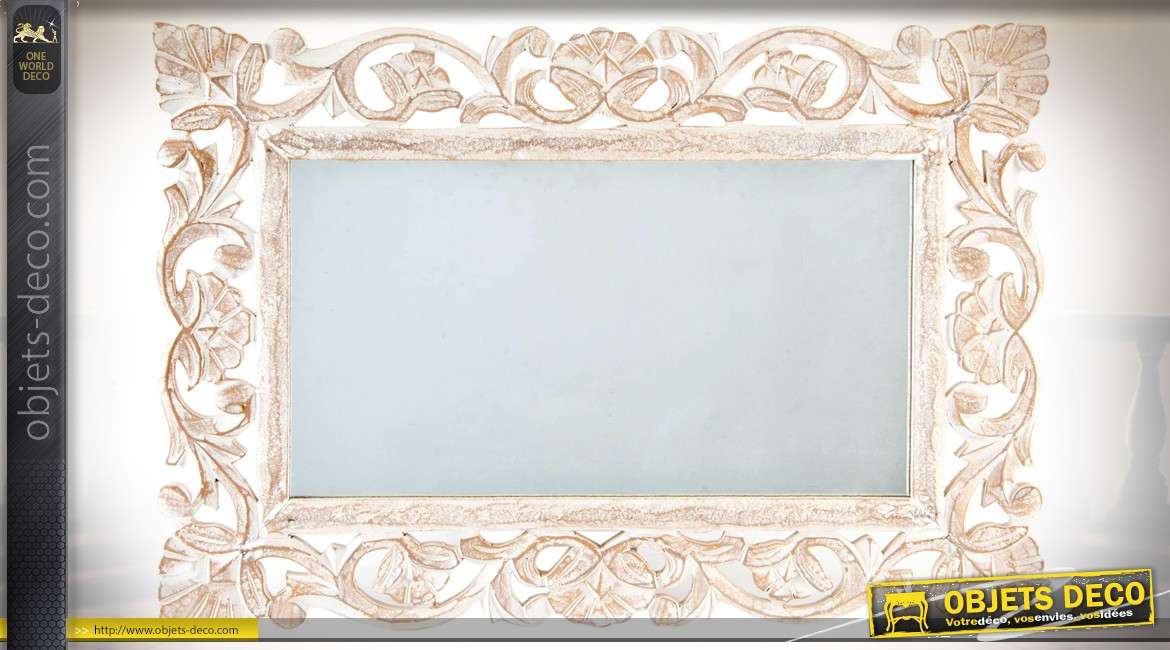Miroir mural rectangulaire horizontal de style baroque finition blanc vieilli