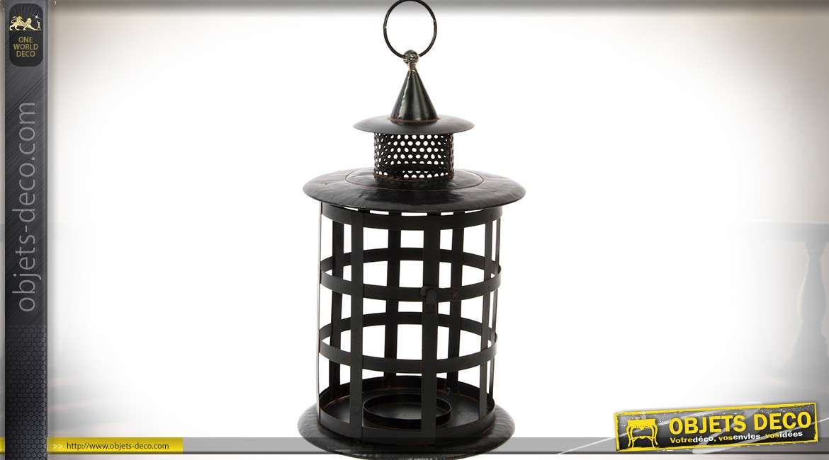 Lanterne bougeoir noire en métal forme cylindrique à poser ou à suspendre