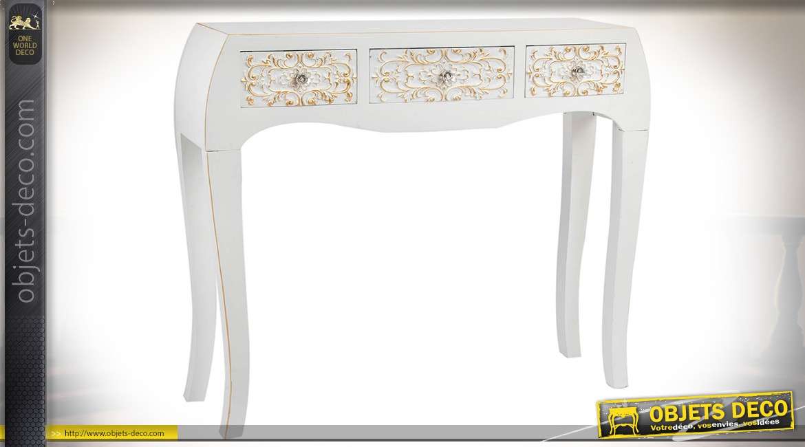 Console blanche à 3 tiroirs esprit meuble japonais avec ornementations en dorure