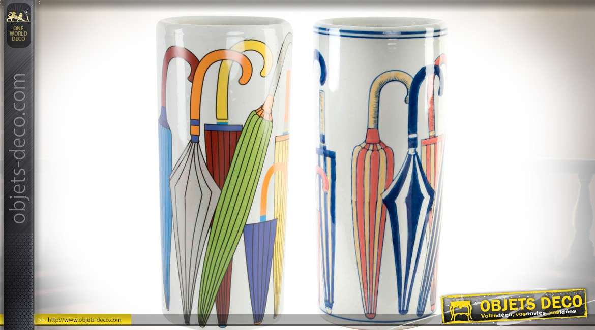 Set de 2 porte-parapluies cylindriques en céramique motifs colorés 44 cm