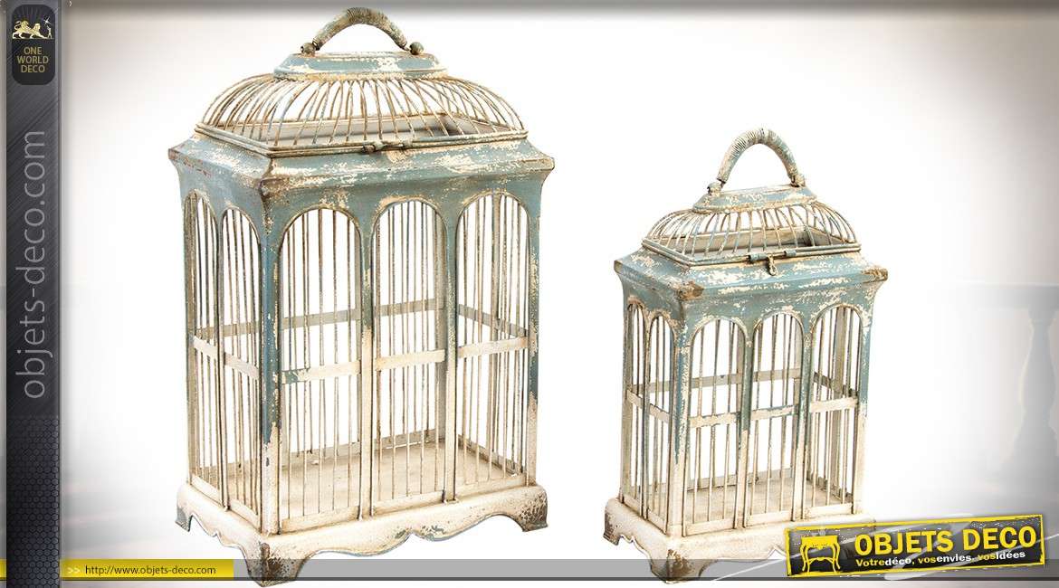 Duo de cages à oiseaux de style rétro en métal patine vert de gris vieilli 52 cm