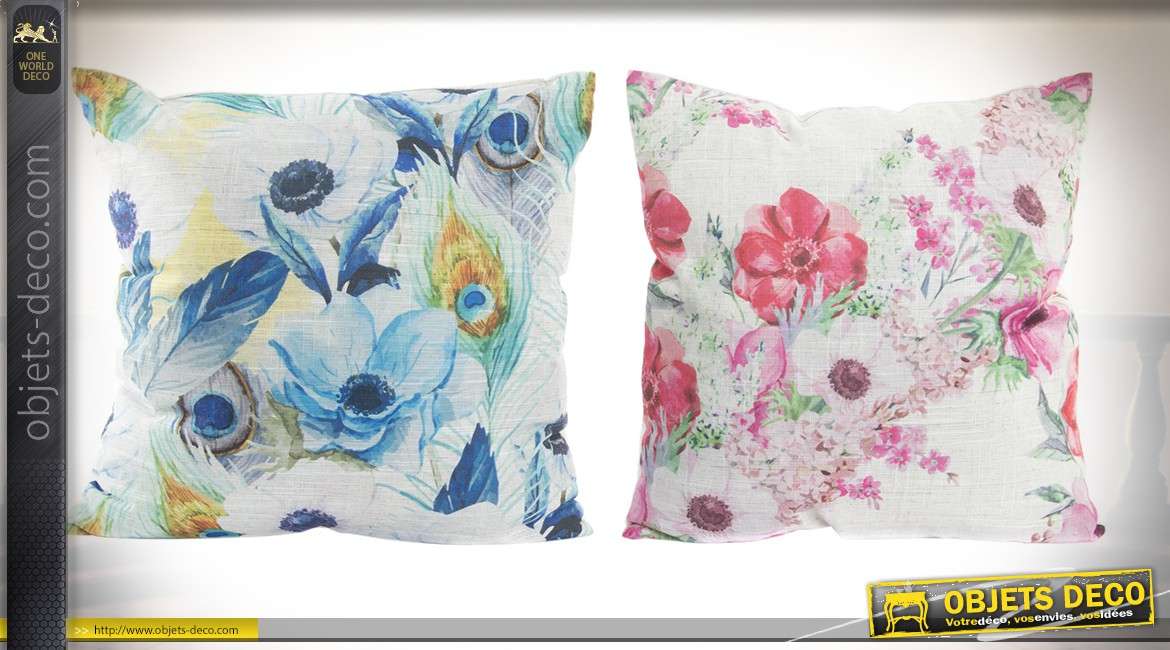 Duo de coussins 45 x 45 de style romantique motifs fleuris coloris bleu et rose