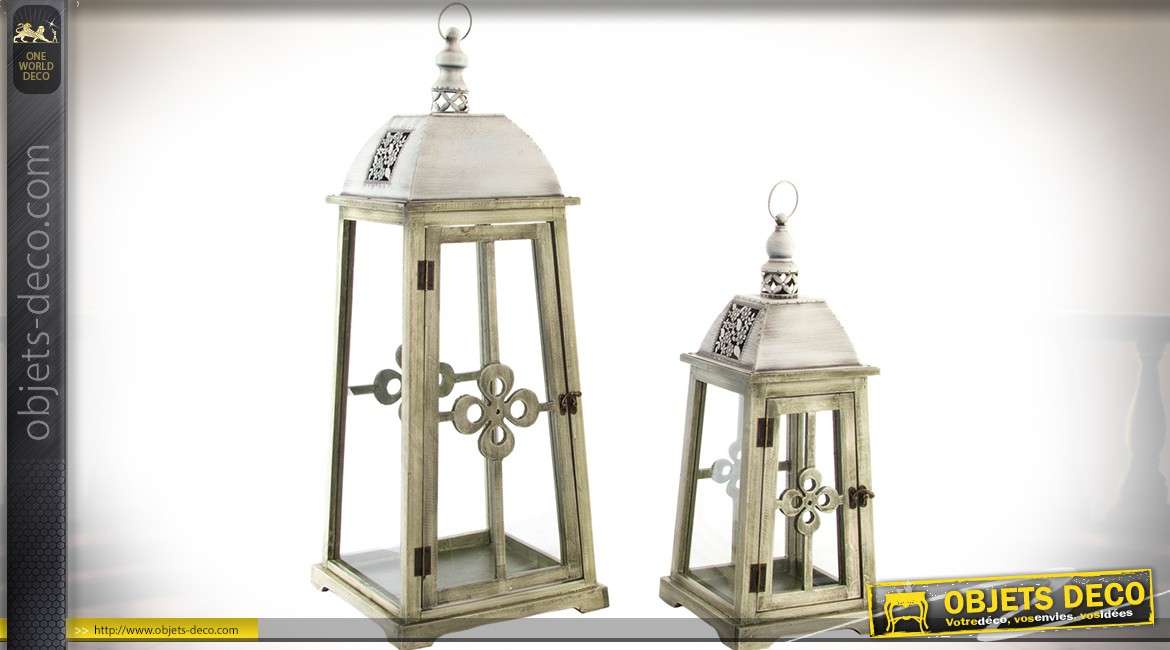 Duo de lanternes en bois et métal aspect bois vieilli et métal gris argenté 74 cm