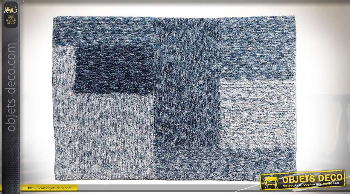 Duo de descentes de lit à motifs rectangulaires teintes de bleu effet chiné 90 x 60 cm