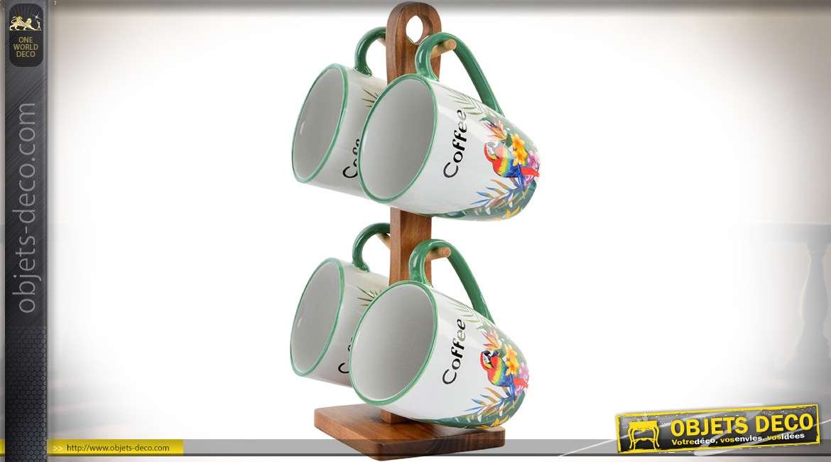 Set de 4 tasses à café en grès motifs exotiques et colorés, support en bois