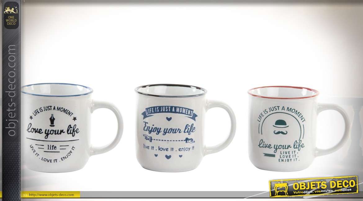 Service de 12 mugs en faïence blanche, avec anses, à illustrations vintages