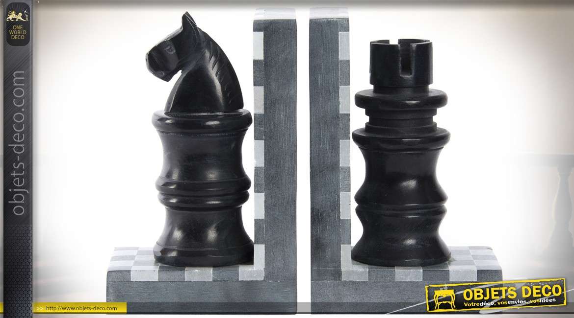 Serre-livres en pierre, thème pièces d'échecs : cavalier et tour noirs 16 cm