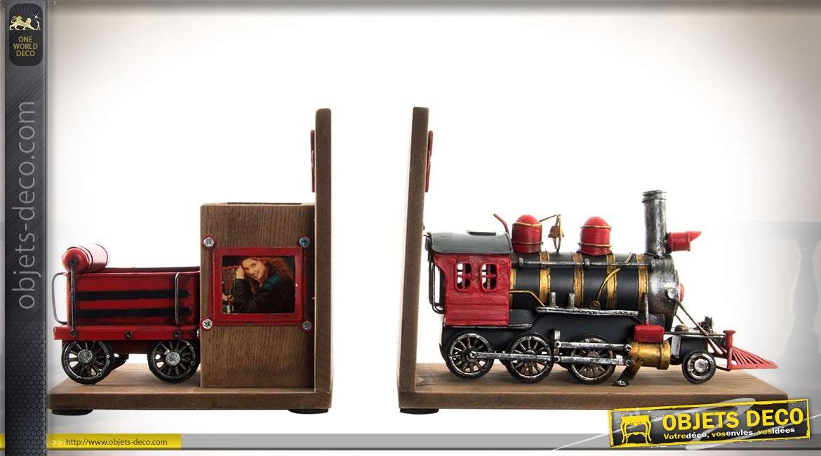 Paie de serre-livres en bois et métal, thème locomotives à vapeur 38 cm