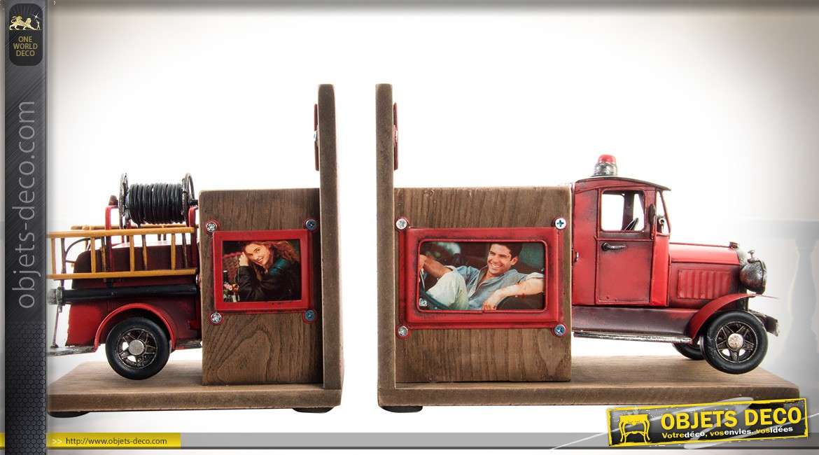 Paire de serre-livres en bois et métal thème camion de pompiers 38 cm