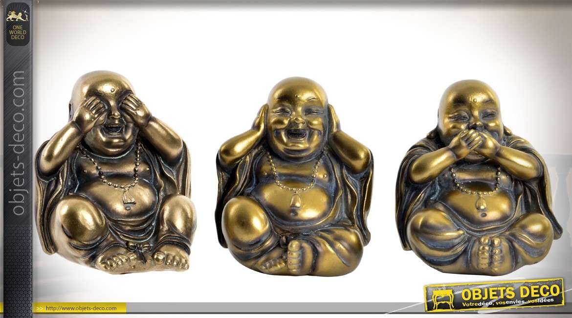 Série de 3 statuettes de bouddhas rieurs finition bronze doré et vieilli 9,5 cm