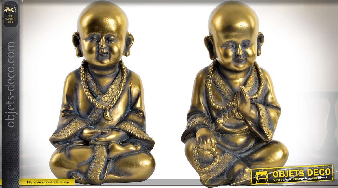 Duo de statuettes de moines bouddhistes imitation métal doré vieilli 22 cm