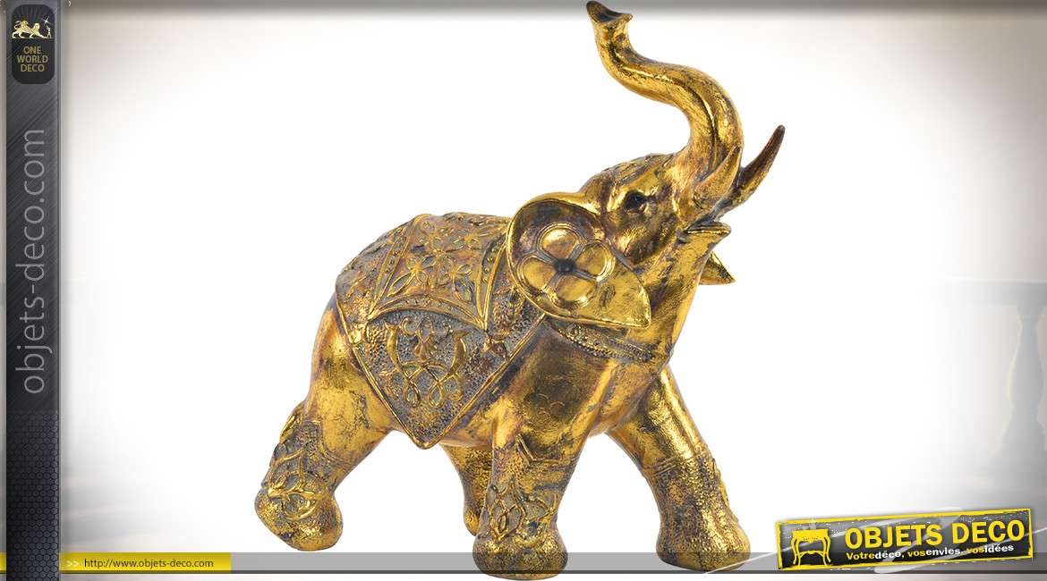 Statuette décorative d'éléphant indien finition effet métal doré vieilli 37,5 cm