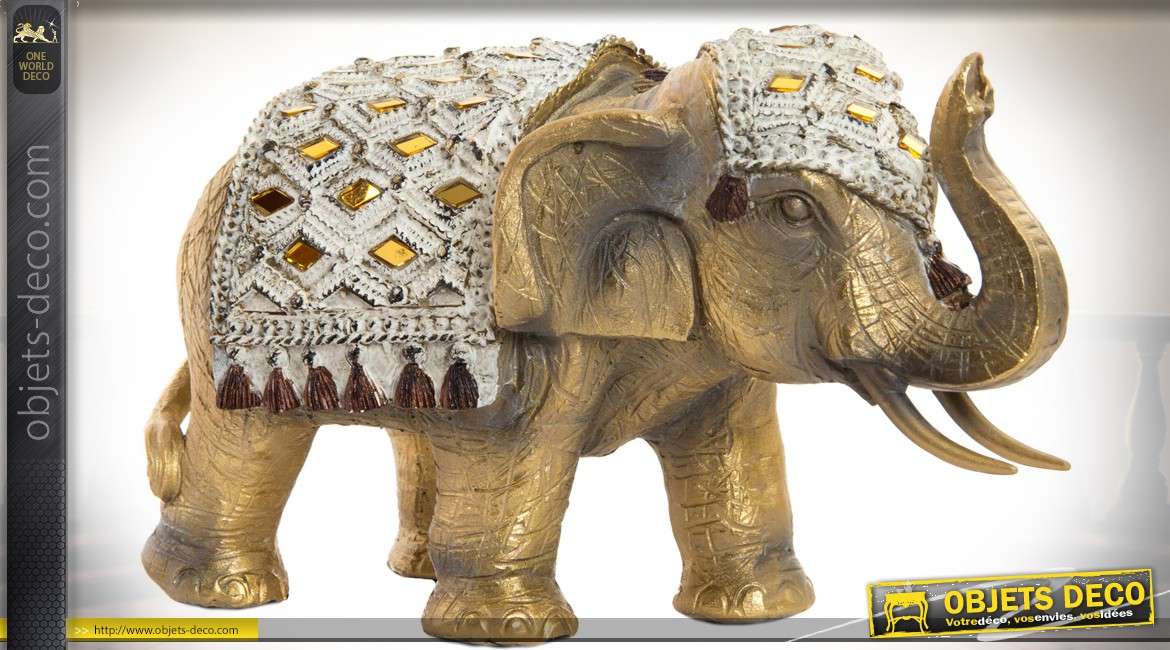 Statuette animalière éléphant doré avec harnachement à miroirs 18 cm