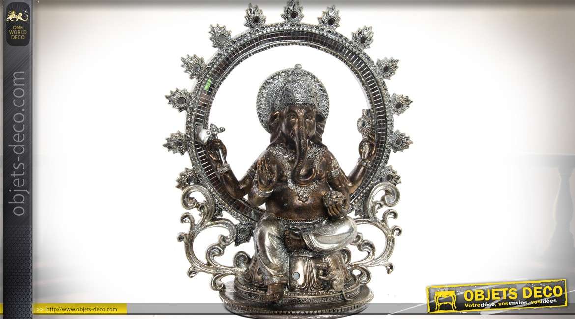 Statuette orientale Ganesh finition gris argenté et paillettes 30 cm