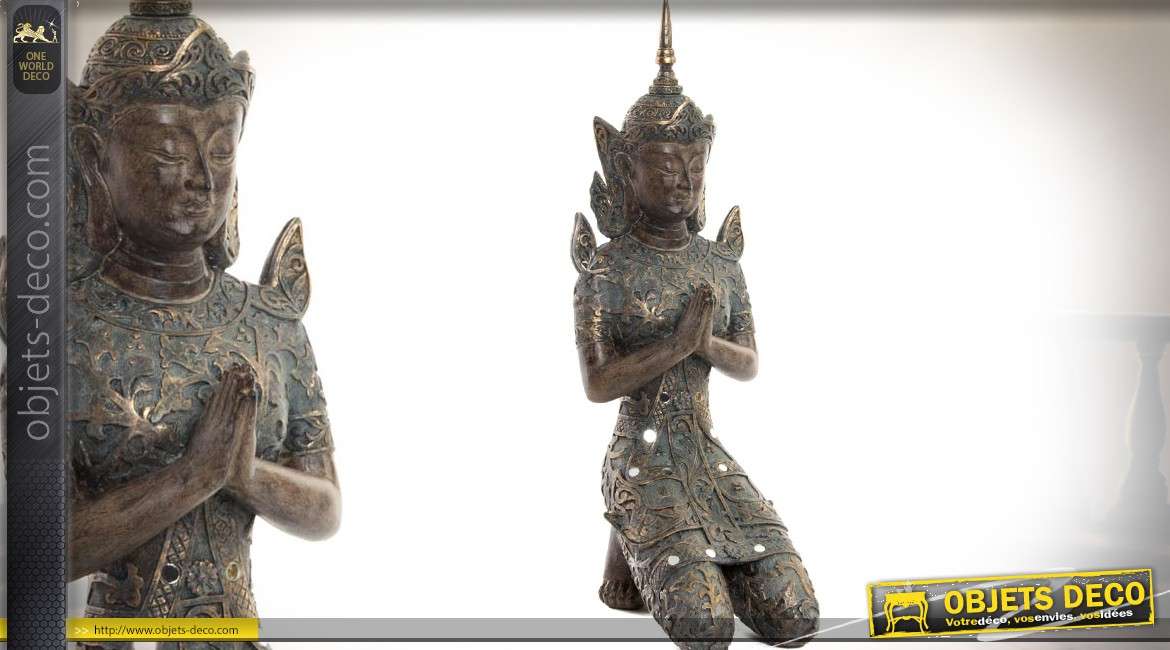 Statuette bouddha agenouillé imitation bronze ancien et petits miroirs 52 cm