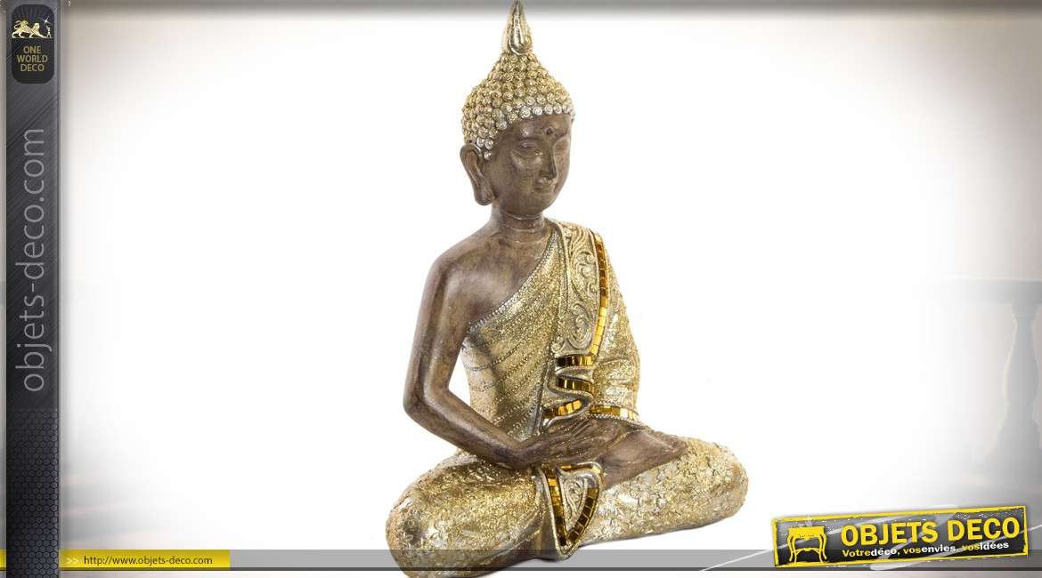 Statuette de bouddha finition dorée avec paillettes et petits miroirs 29 cm