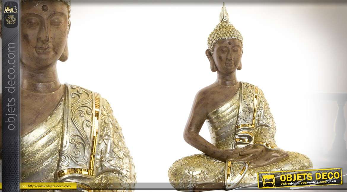 Grande statuette dorée de bouddha finition vieux bronze et argent 60 cm