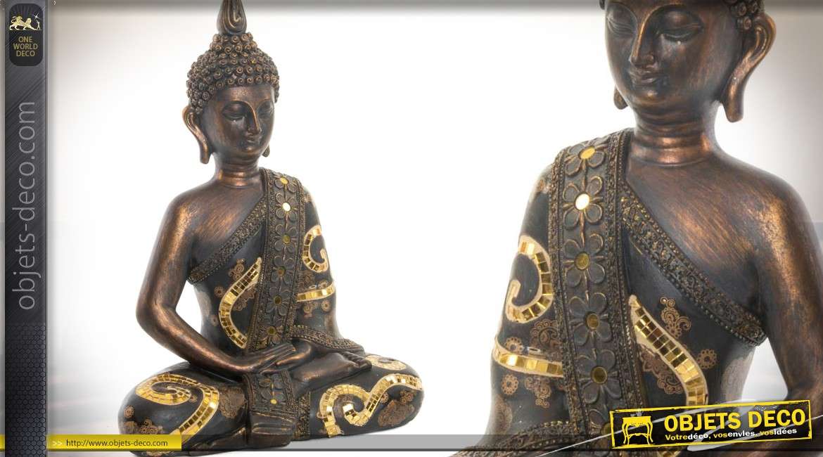 Statuette de bouddha finition bronze cuivré vieilli et frises de miroirs dorés 39 cm