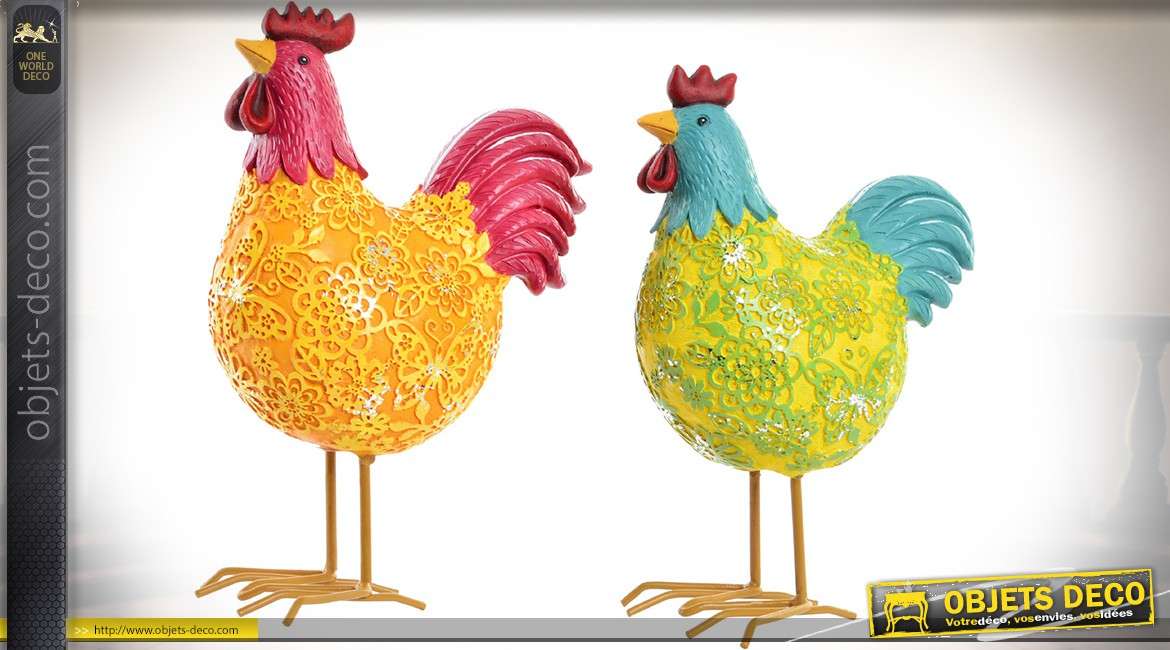Série de deux poules décoratives effet stylisé et coloré 20 cm