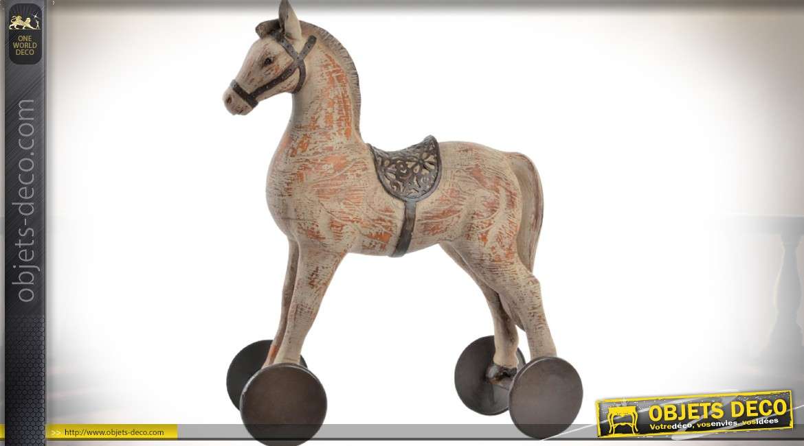 Statuette décorative représentant un ancien cheval à roulettes 28 cm