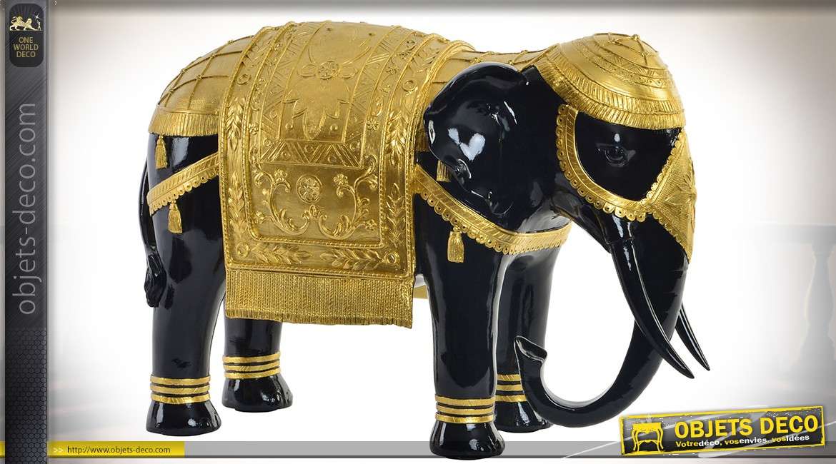 Statuette décoration noir et or : éléphant harnarché en tenue d'aparat 41,5 cm