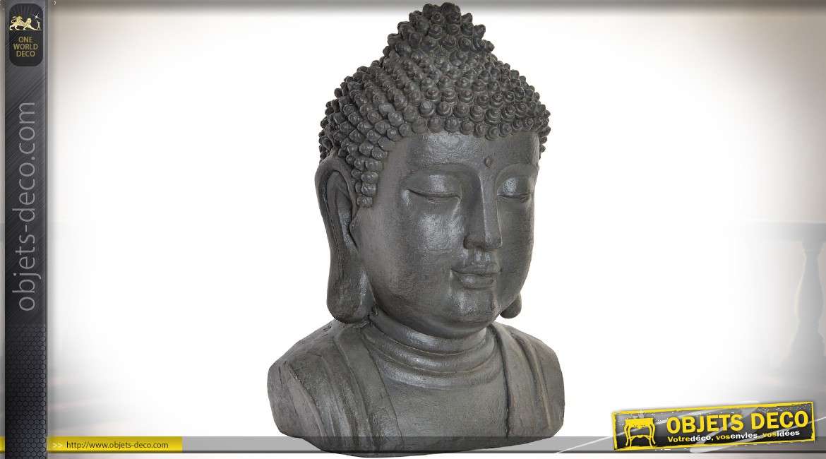 Statuette tête de bouddha coloris gris anthracite réalisé en fibre de verre 36 cm