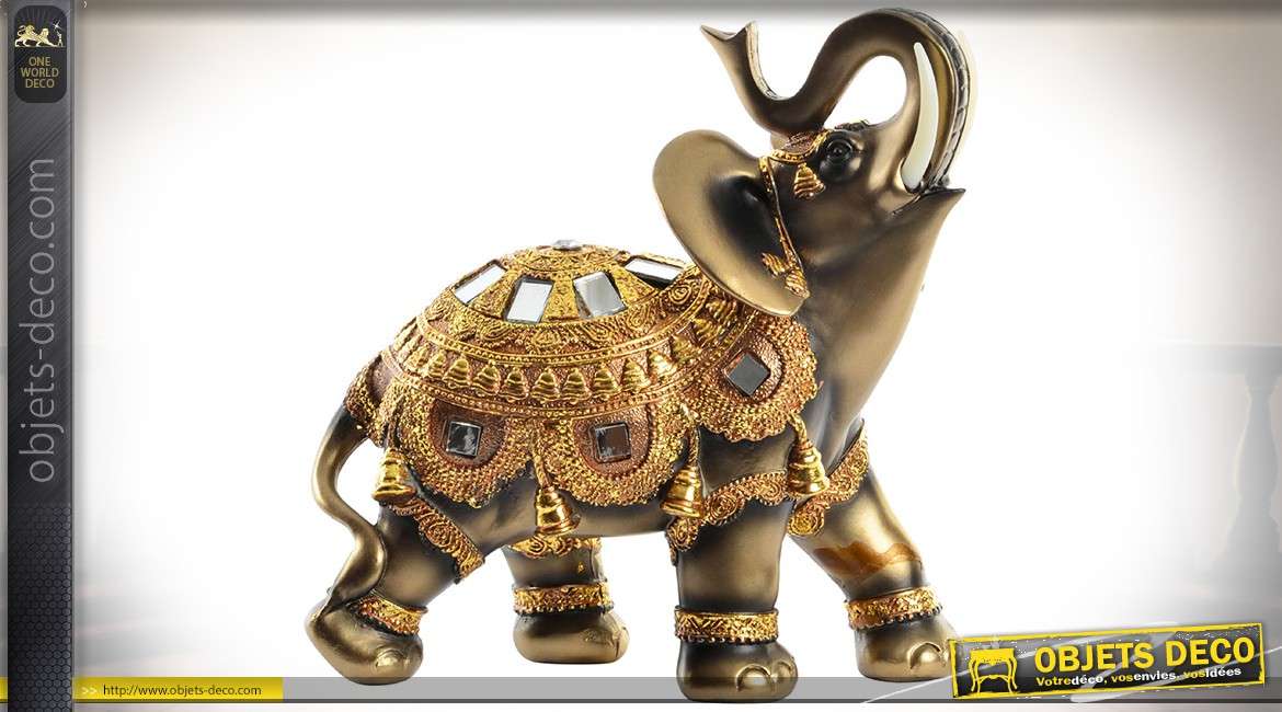 Précieuse statuette d'éléphant indien finition bronze vieilli, or et miroirs 21,5 cm