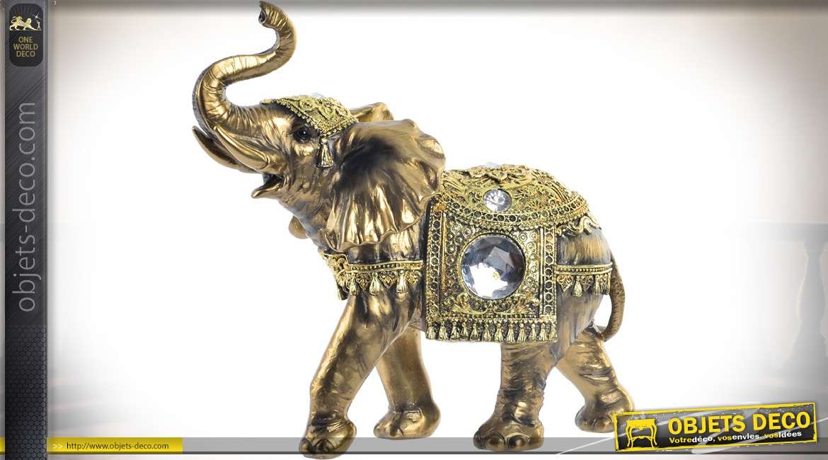 Statuette animalière : éléphant d'Inde avec harnachement coloris or et diamants