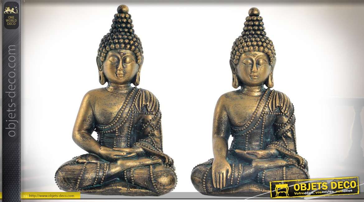 Duo de statuettes de bouddhas en résine finition aspect bronze doré vieilli 13,5 cm