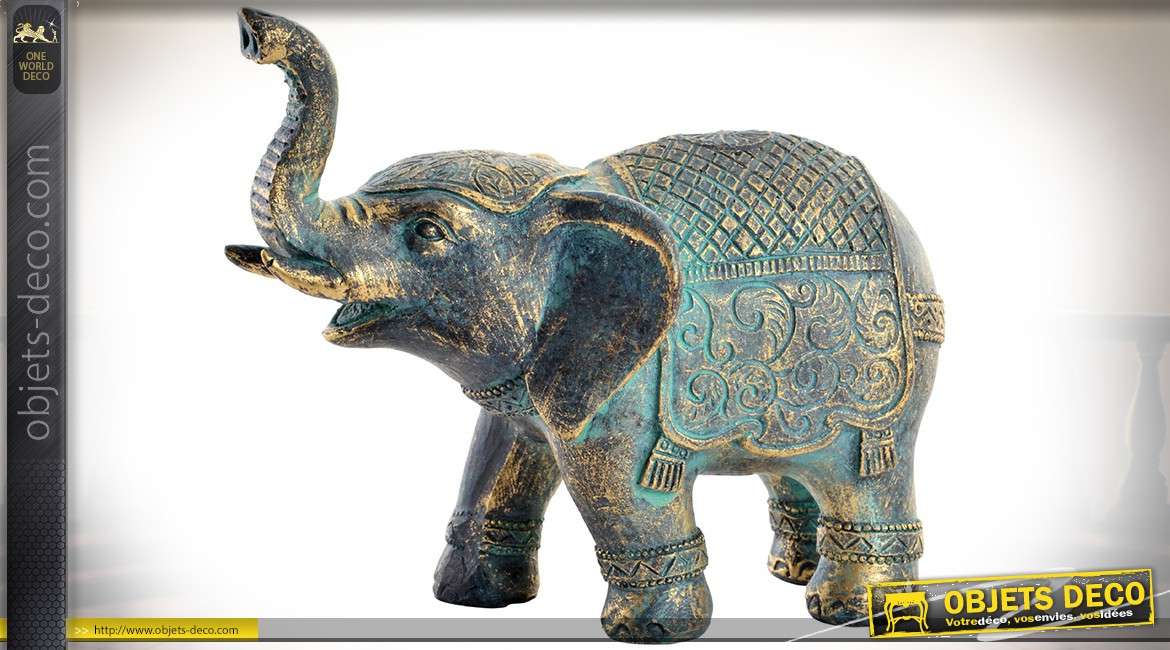 Statuette d'éléphant en résine, imitation bronze doré oxydé, style oriental