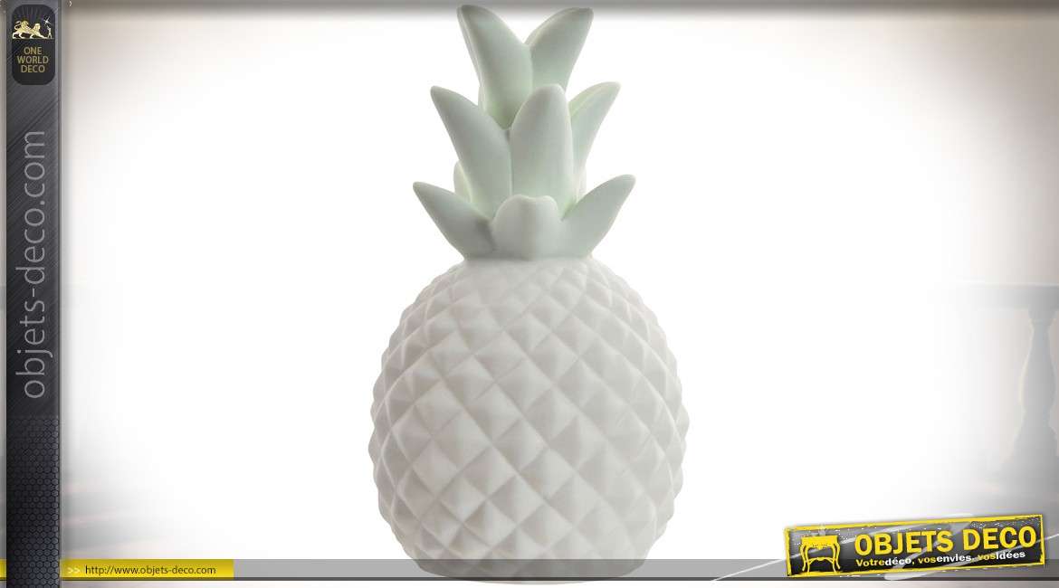 Série déco de 4 ananas en porcelaine blanche avec éclairage LED 15 cm