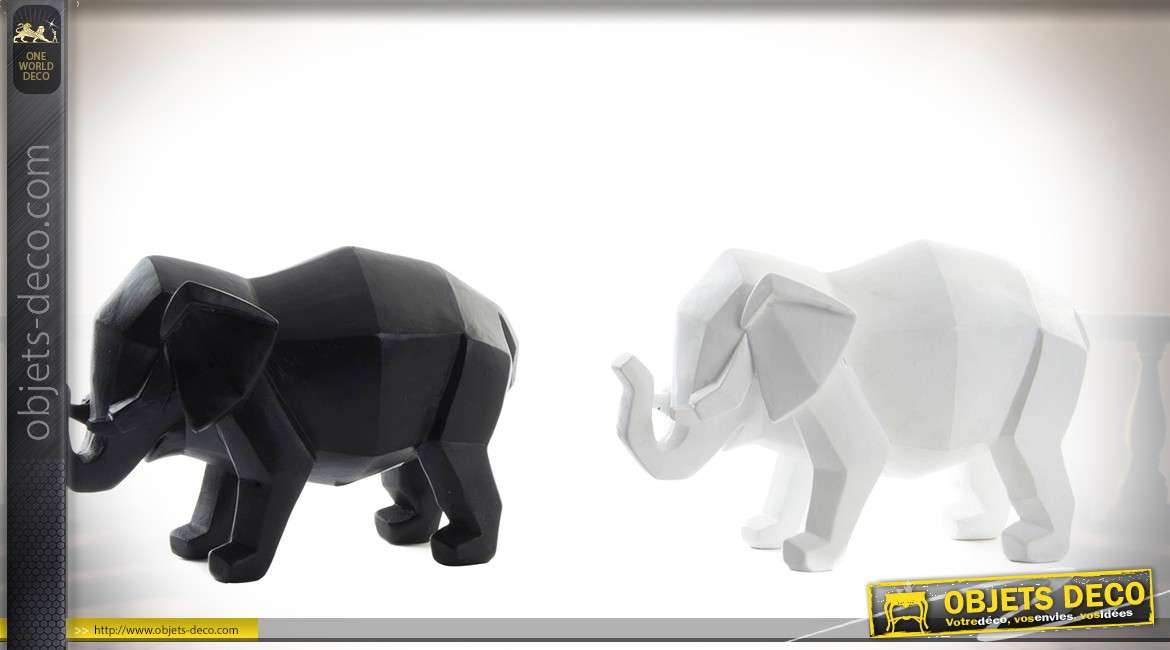 Duo de statuettes d'éléphants coloris noir et blanc style origami 17 cm