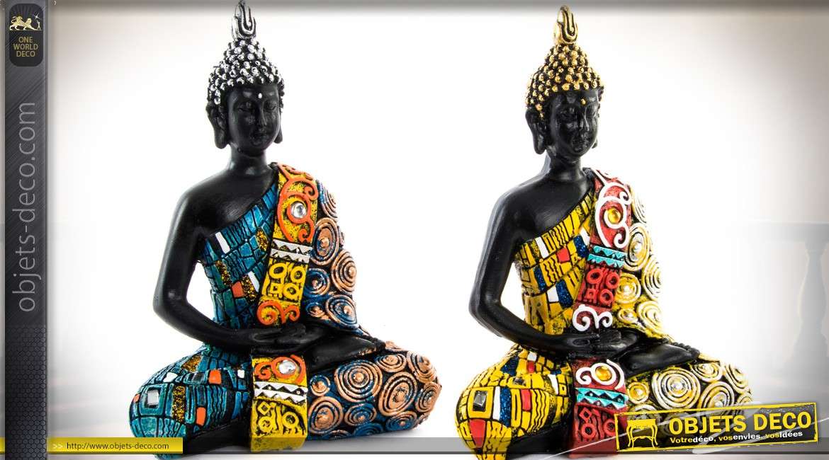 Duo de statuettes de bouddha finition multicolore effet patchwork 15,5 cm