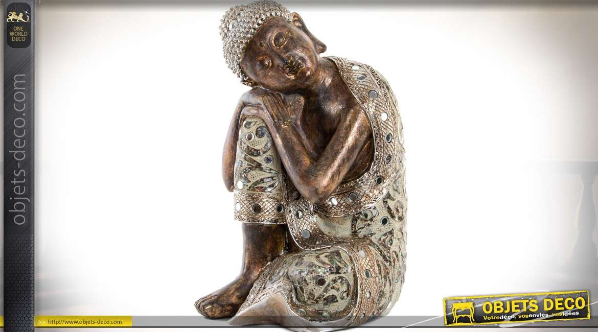 Statuette de bouddha finition bronze vieilli et petits miroirs ronds 37 cm