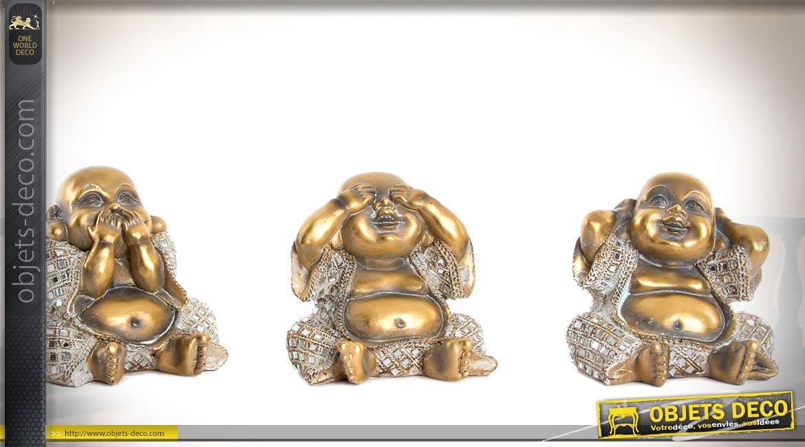 Trio de statuettes de bouddhas rieurs imitation bronze doré vieilli 13 cm