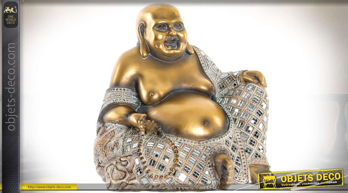 Statuette 27 cm en résine finition dorée d'un bouddha rieur assis