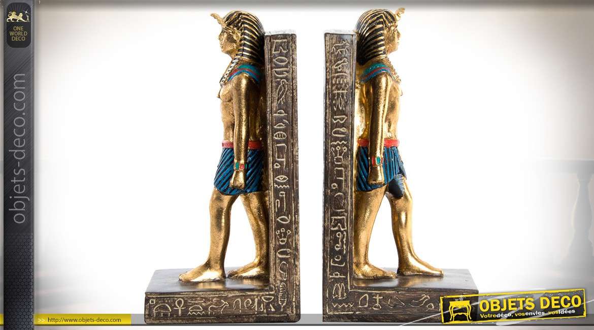 Serre-livres à motifs de statuettes égyptiennes dorées et de hiéroglyphes 21 cm