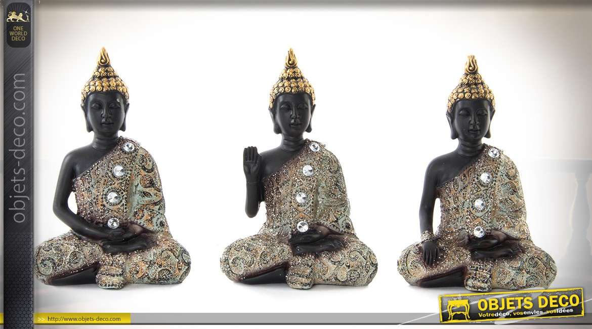 Série de 3 statuettes de bouddhas noir ébène et or avec brillants 13 cm