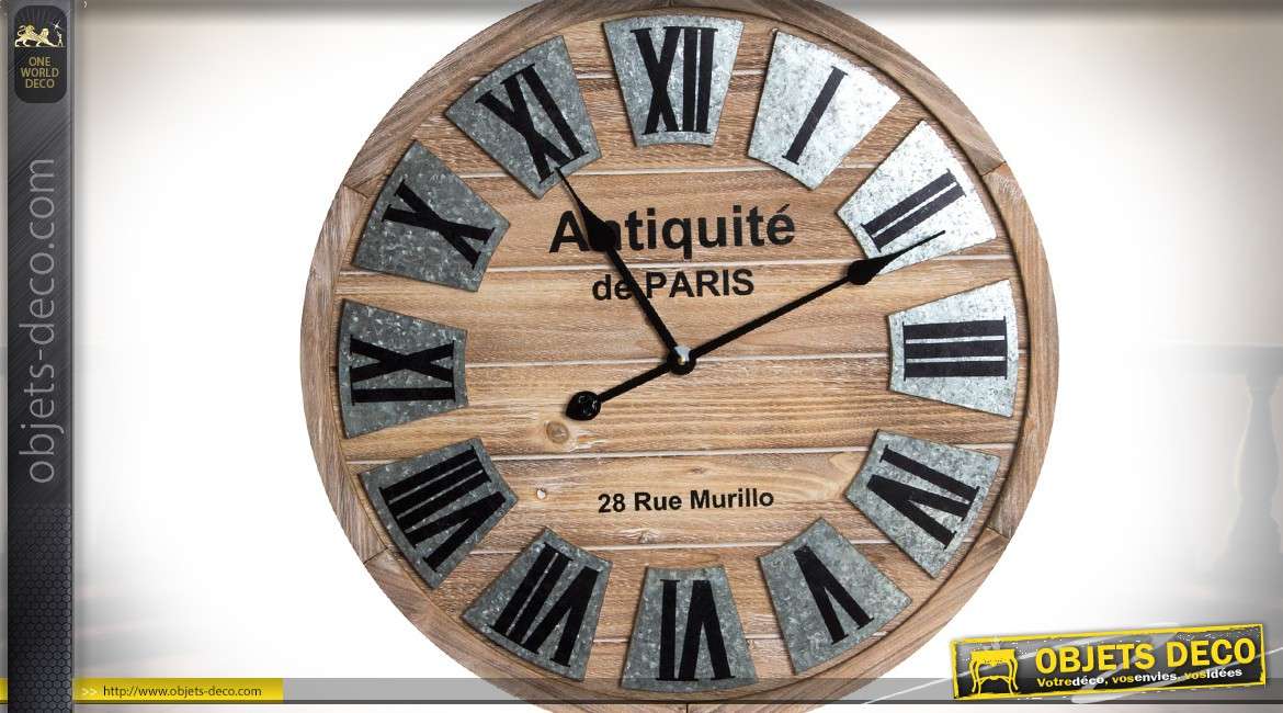Horloge de style rétro bois vieilli et plaques de métal argentées Ø 60 cm
