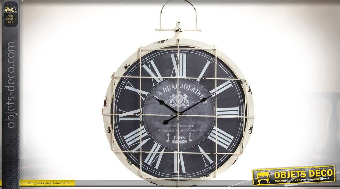 Horloge de style vintage et industriel en métal blanc vieilli avec grille Ø 58 cm