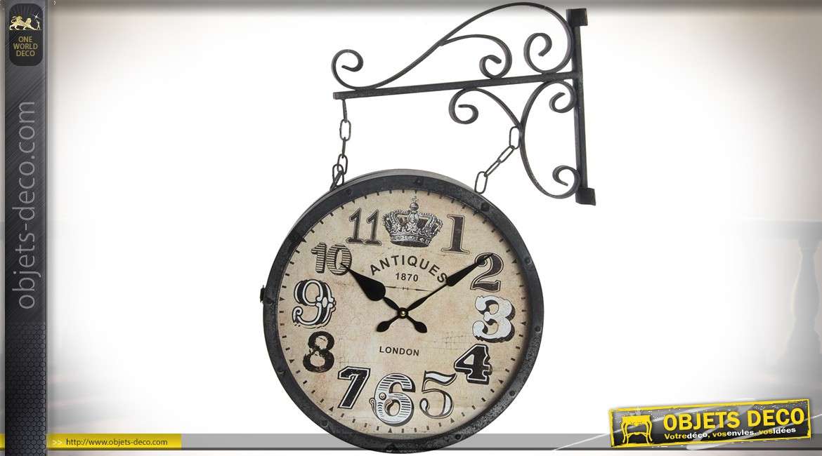 Horloge de gare suspendue en métal aspect rétro finition noir antique 67 cm