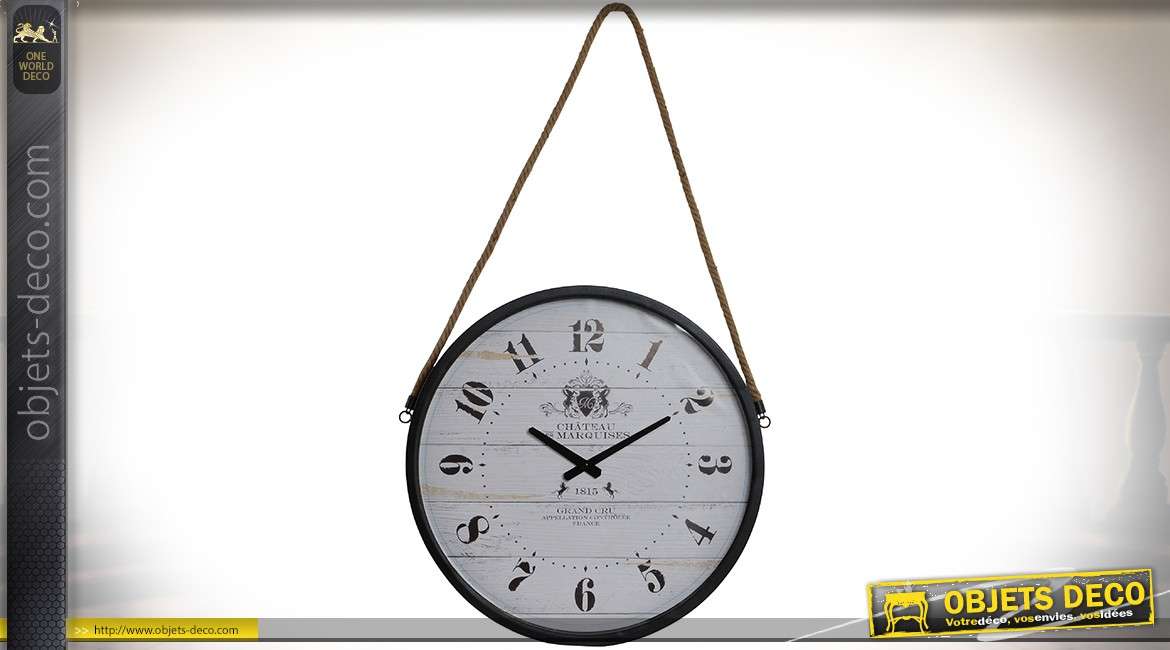 Horloge en métal et cordage de style rétro cadran blanc effet bois vieilli Ø 48 cm