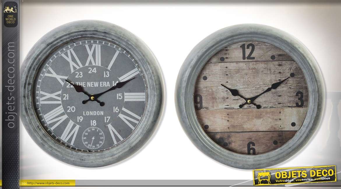 Set de 2 horloges vintages en métal coloris gris antique Ø 30 cm