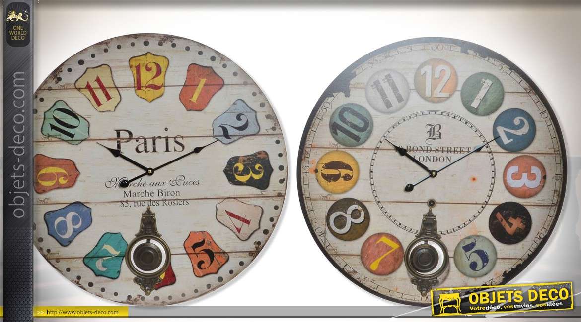 Série de 2 horloges vintages en bois finition multicolore Ø 58 cm
