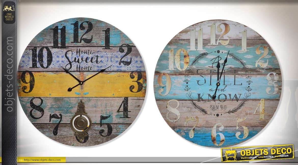 Série de 2 horloges murale en bois et métal thème rétro et Bord de mer Ø 58 cm