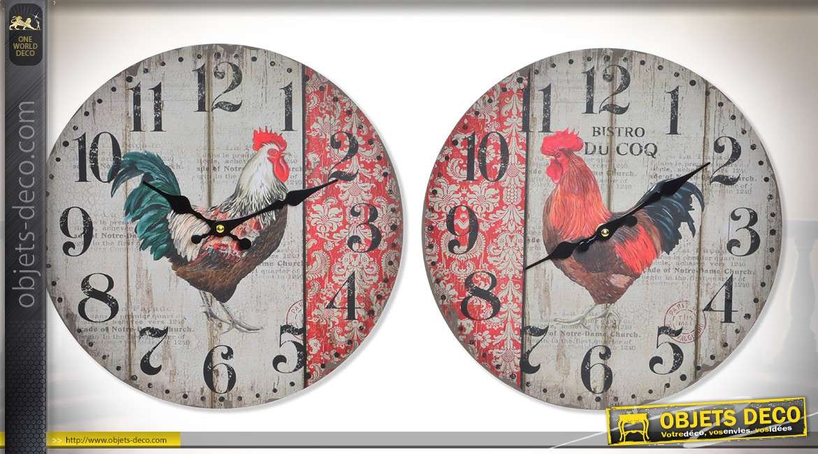 Duo d'horloges en bois de style rétro sur le thème des coqs Ø 34 cm