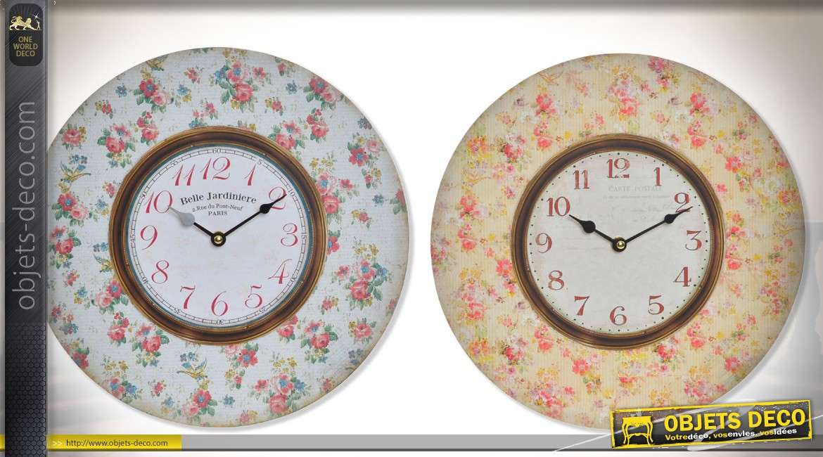 Série de 2 horloges murales rétro cadrans en bois papier peint à fleurs vintage Ø 34 cm