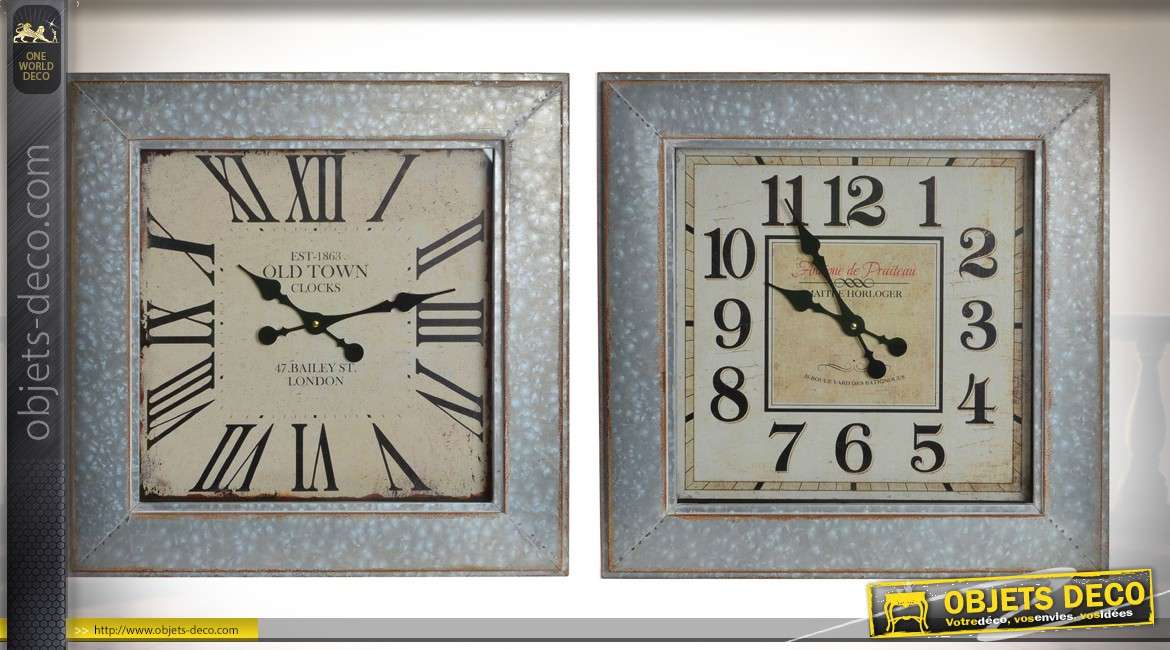 Duo d'horloges murales carrées style rétro indus effet zinc vieilli 60 x 60 cm