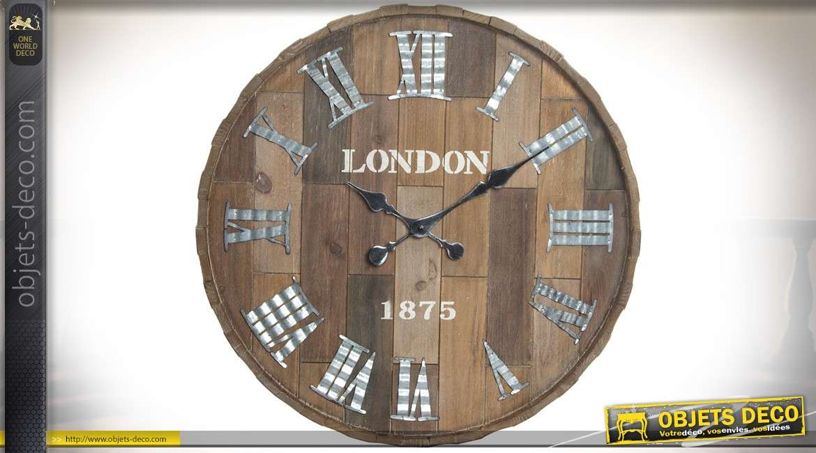 Horloge murale en bois et métal style rétro imitation couvercle de barrique Ø 60 cm